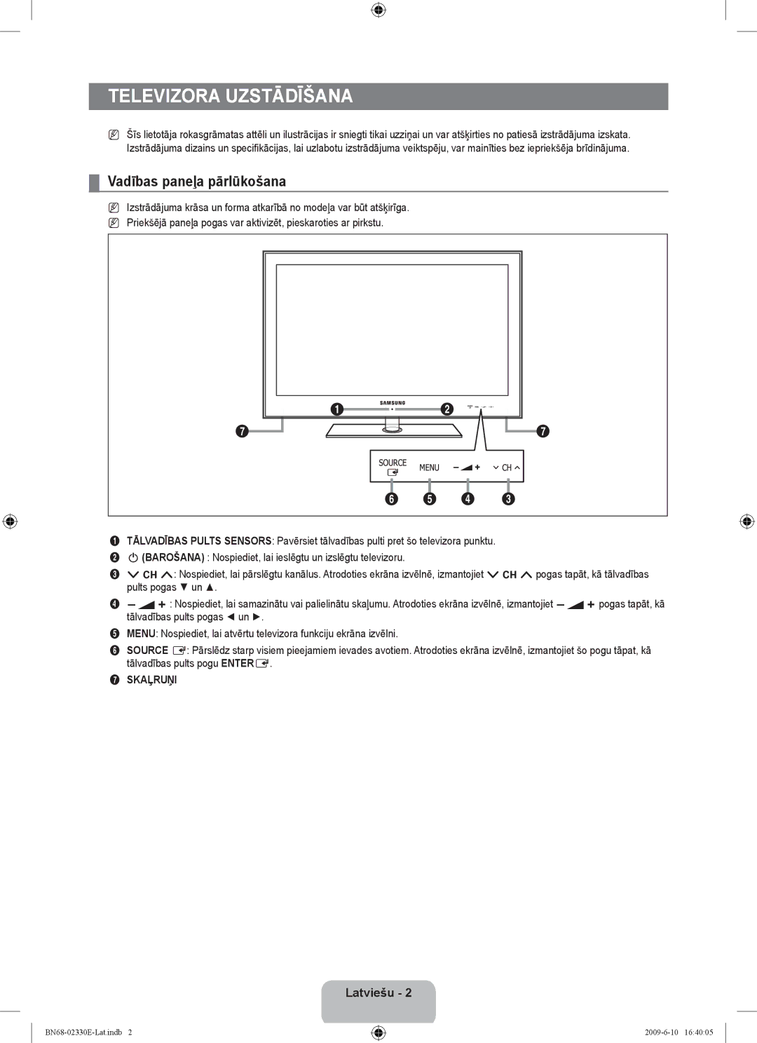 Samsung UE40B8000XWXBT manual Televizora uzstādīšana, Vadības paneļa pārlūkošana, Skaļruņi 