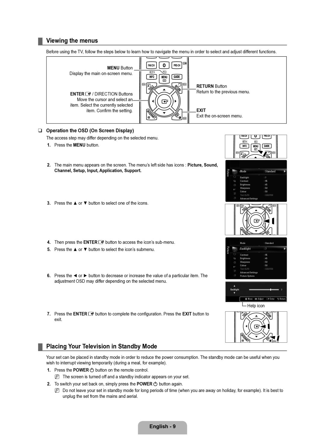 Samsung UE40B8000XWXUA Viewing the menus, Placing Your Television in Standby Mode, Operation the OSD On Screen Display 