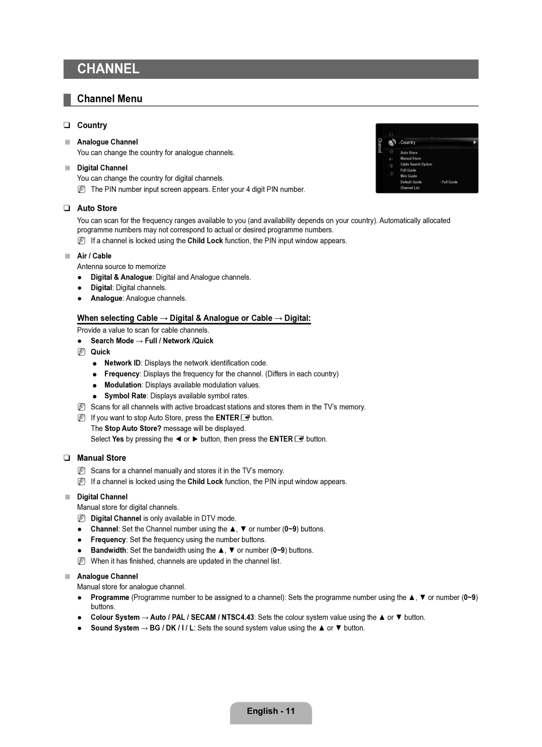 Samsung UE40B8000XWXUA manual Channel Menu, Country, Auto Store, Manual Store 