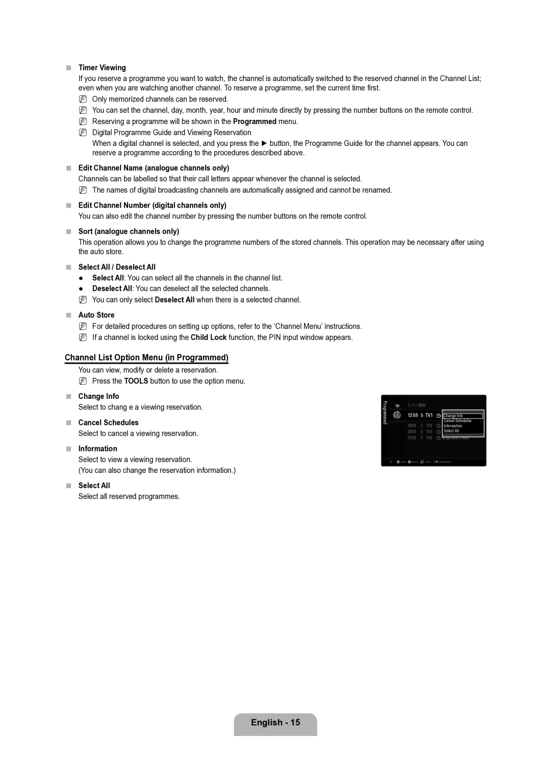 Samsung UE40B8000XWXUA manual Channel List Option Menu in Programmed 