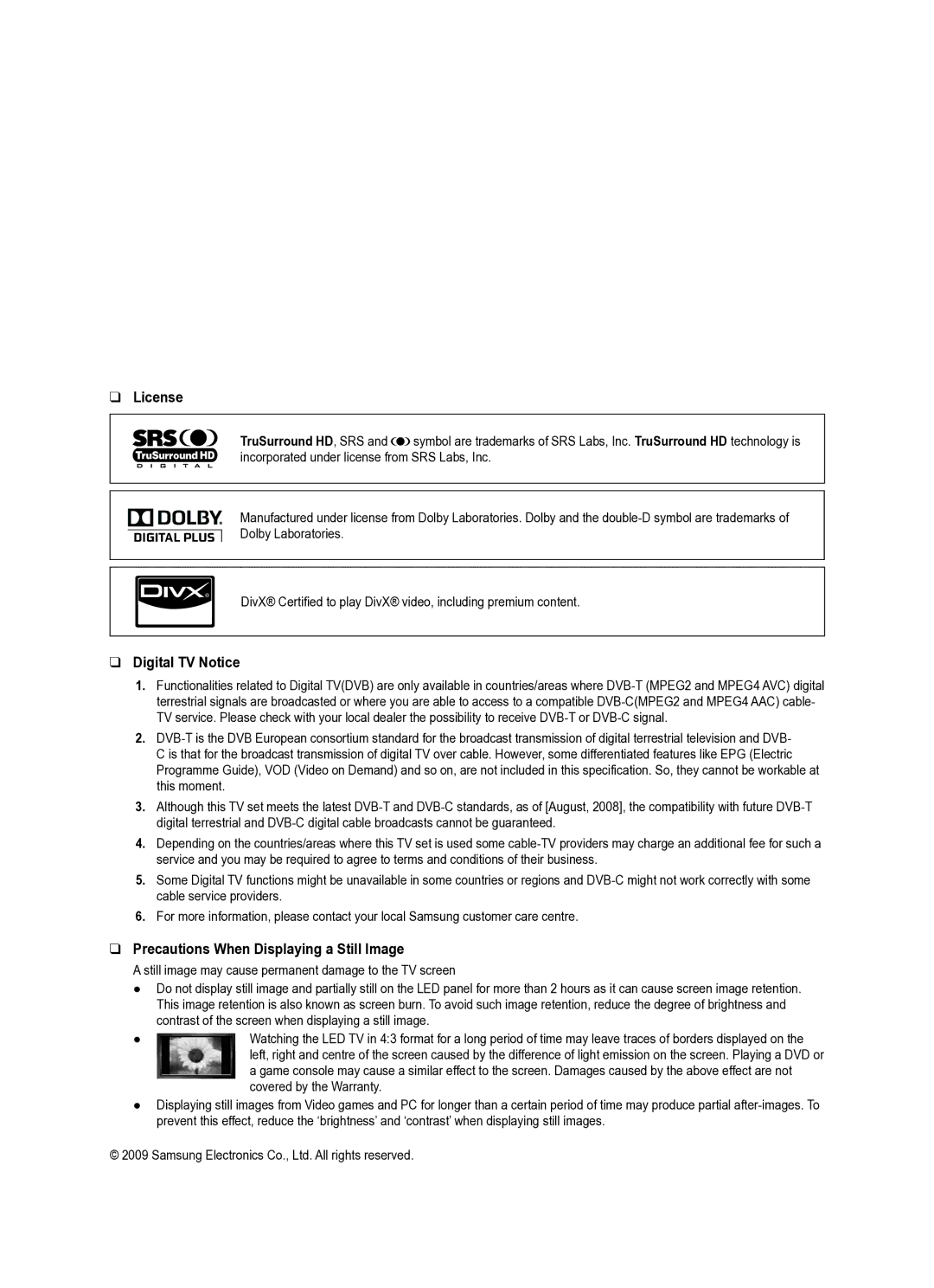 Samsung UE40B8000XWXUA manual License, Digital TV Notice, Precautions When Displaying a Still Image 