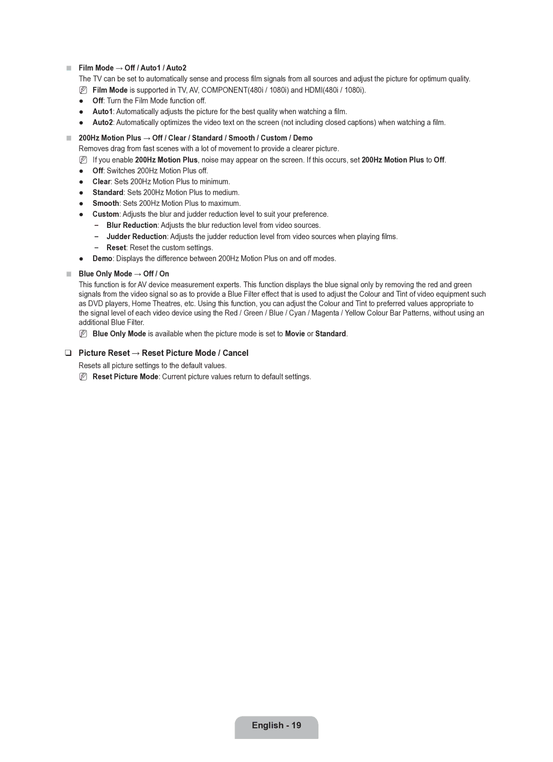 Samsung UE40B8000XWXUA manual Picture Reset → Reset Picture Mode / Cancel, Film Mode → Off / Auto1 / Auto2 
