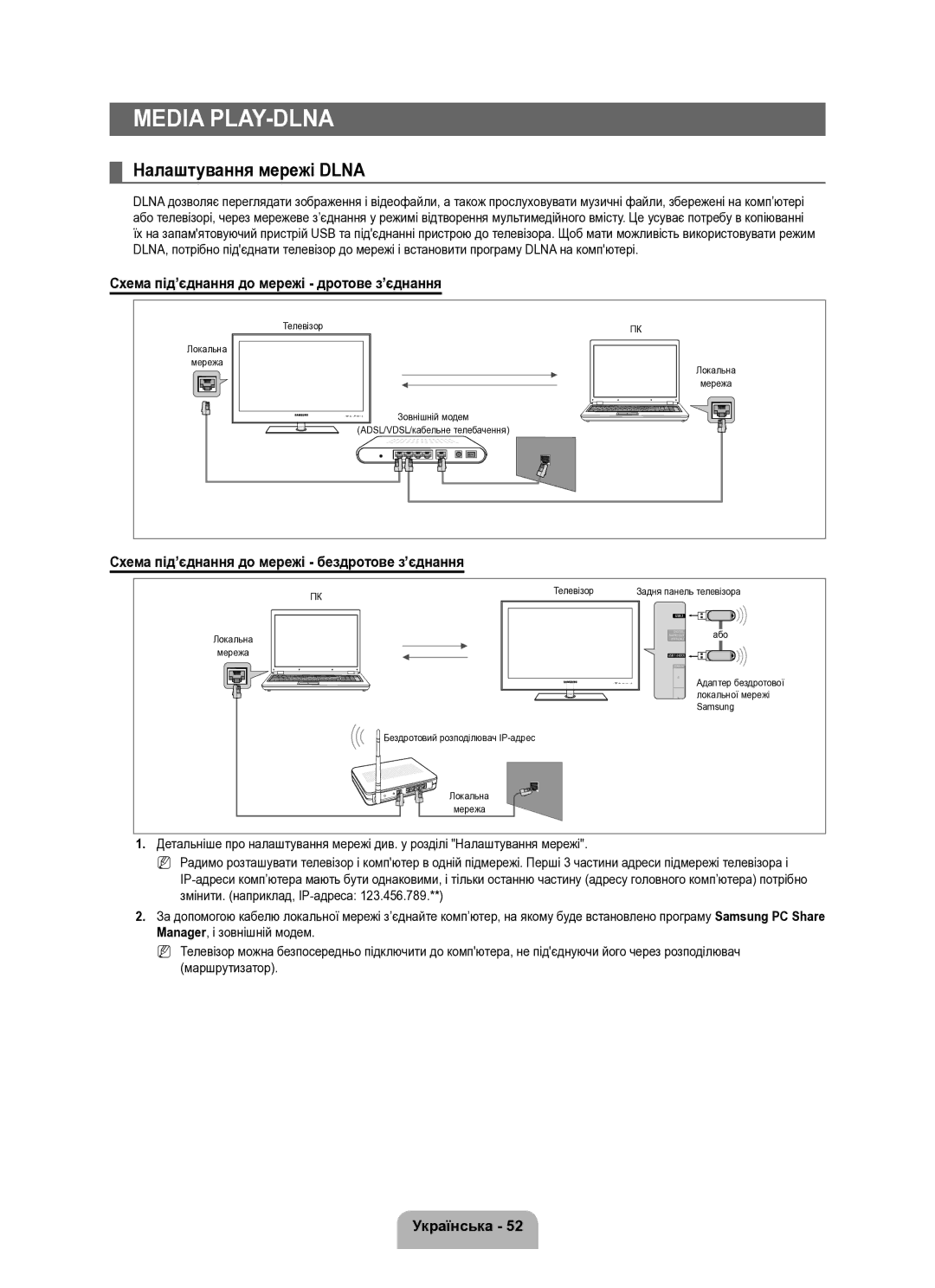 Samsung UE40B8000XWXUA manual Налаштування мережі Dlna, Схема під’єднання до мережі дротове з’єднання 