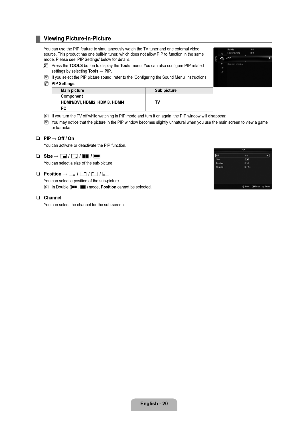 Samsung UE40B8000XWXUA manual Viewing Picture-in-Picture, PIP → Off / On, Size → Õ/ Ã/ À/ Œ, Position → Ã/ / -/ œ, Channel 