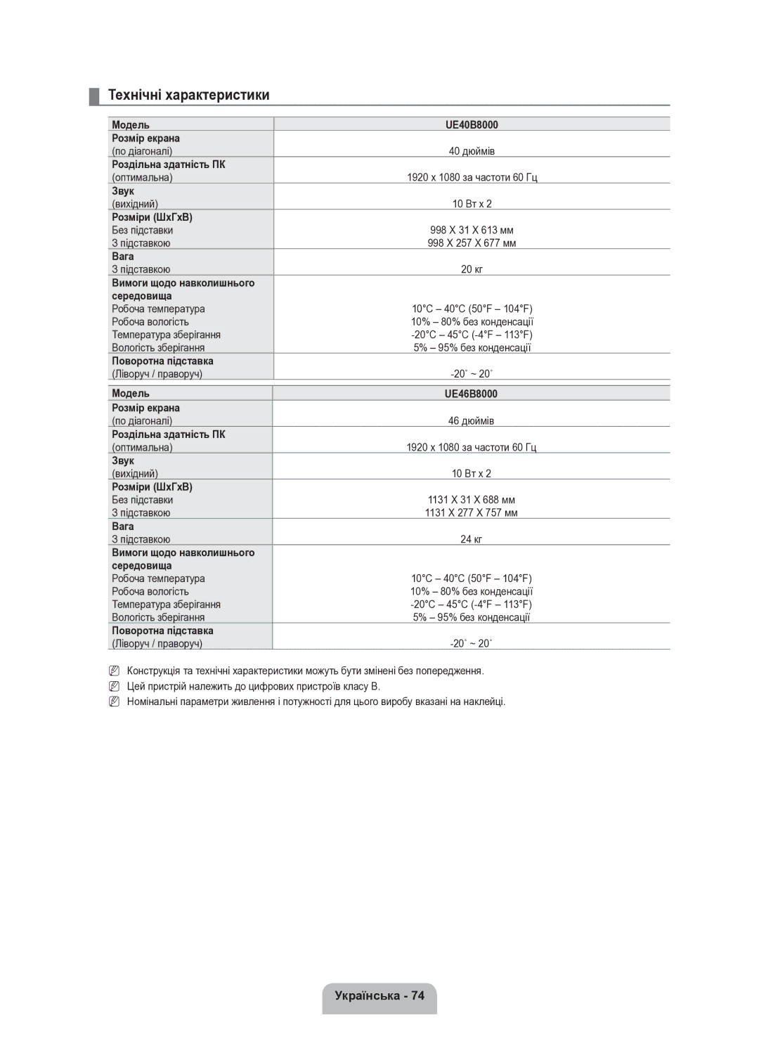 Samsung UE40B8000XWXUA manual Технічні характеристики 