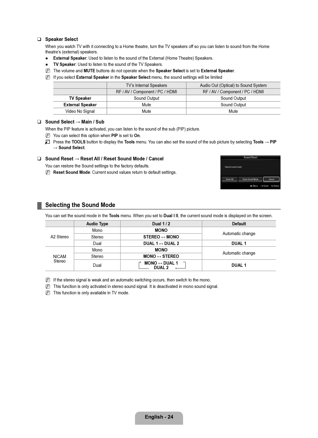 Samsung UE40B8000XWXUA manual Selecting the Sound Mode, Speaker Select, Sound Select → Main / Sub, Mono ↔ Dual 