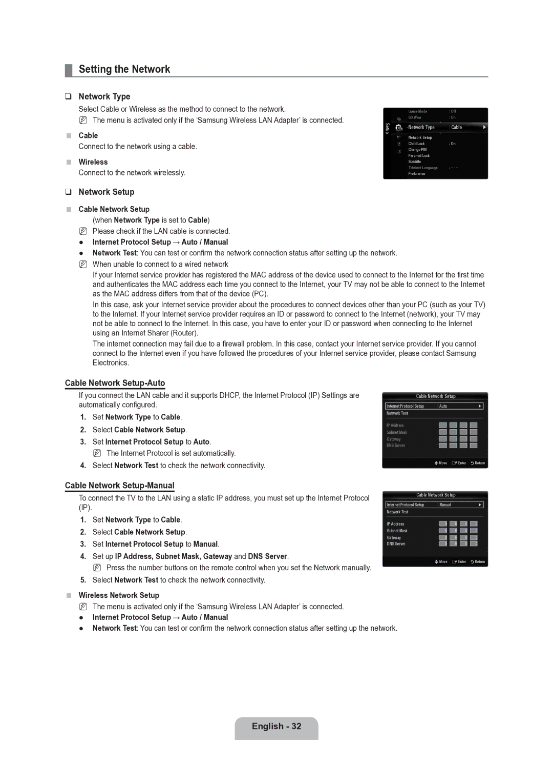 Samsung UE40B8000XWXUA manual Setting the Network, Network Type, Cable Network Setup-Auto, Cable Network Setup-Manual 