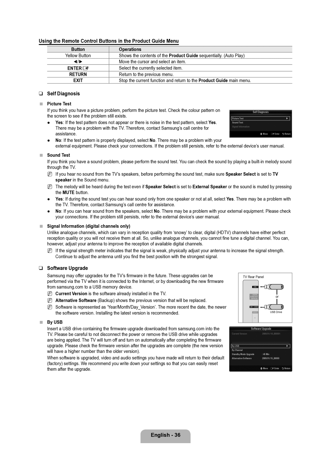 Samsung UE40B8000XWXUA manual Using the Remote Control Buttons in the Product Guide Menu, Self Diagnosis, Software Upgrade 