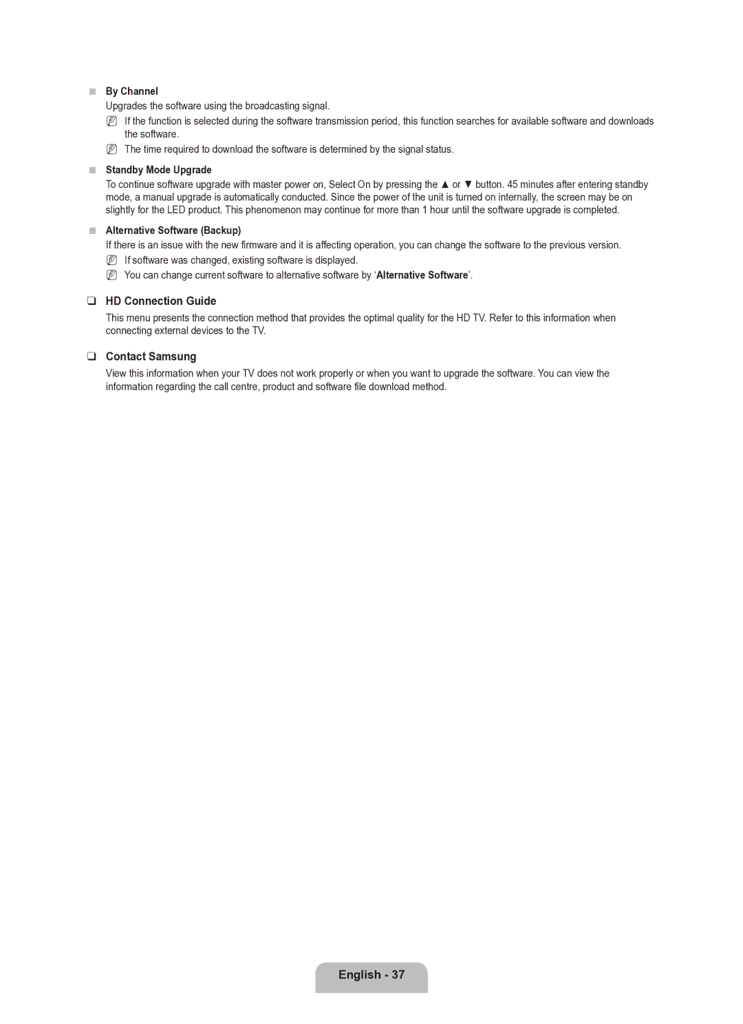 Samsung UE40B8000XWXUA HD Connection Guide, Contact Samsung, By Channel, Standby Mode Upgrade, Alternative Software Backup 