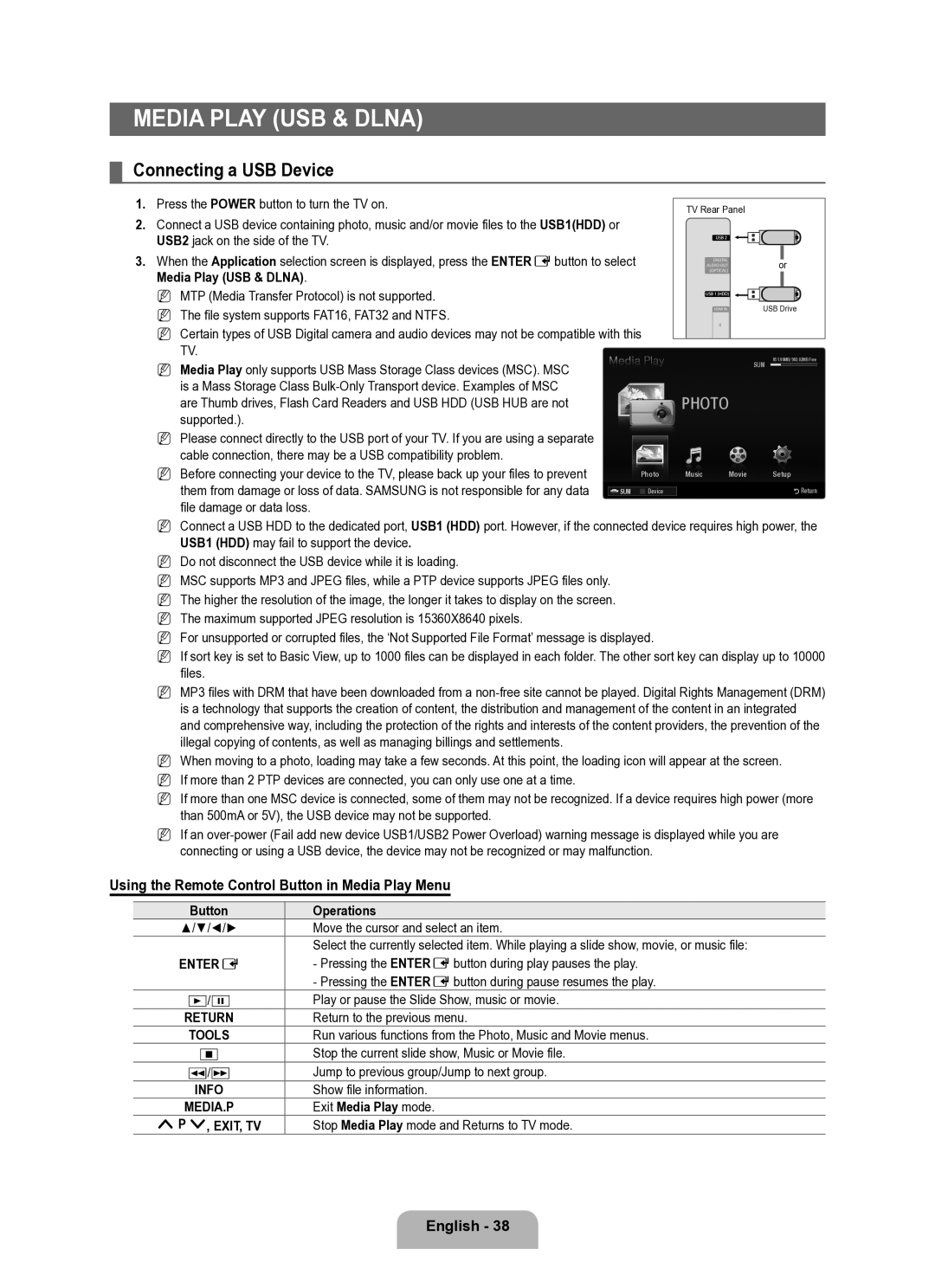 Samsung UE40B8000XWXUA manual Connecting a USB Device, Using the Remote Control Button in Media Play Menu, ∂ /∑, Exit, Tv 