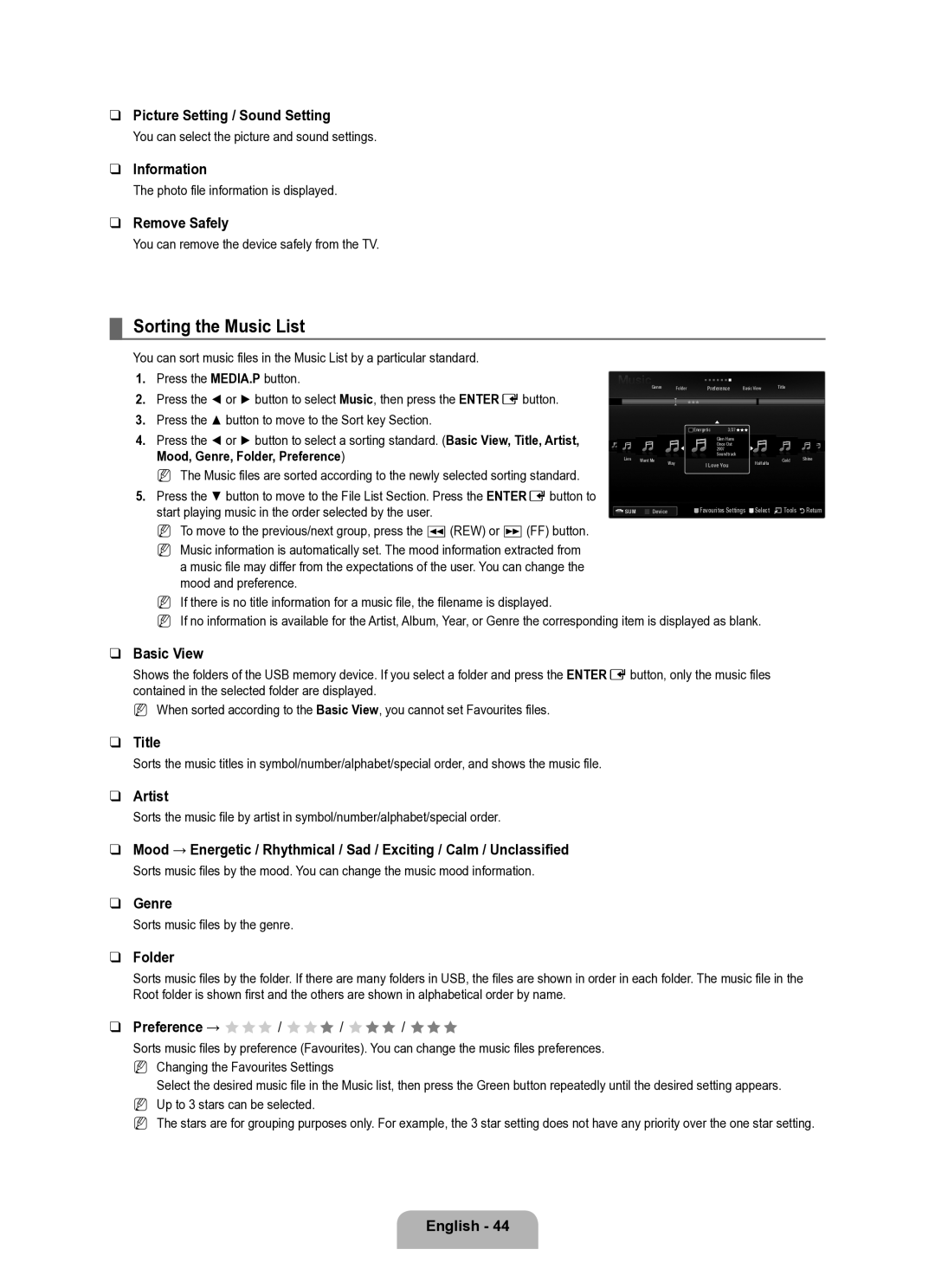 Samsung UE40B8000XWXUA manual Sorting the Music List, Picture Setting / Sound Setting, Title, Artist, Genre 