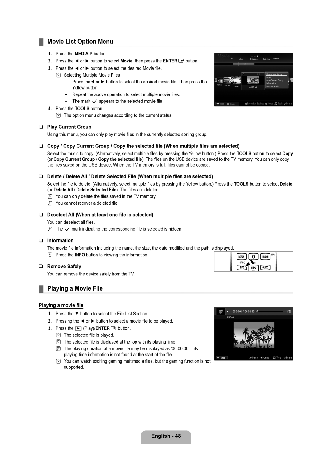 Samsung UE40B8000XWXUA manual Movie List Option Menu, Playing a Movie File, Playing a movie file 