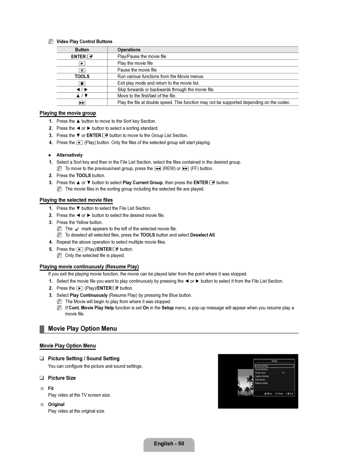 Samsung UE40B8000XWXUA manual Movie Play Option Menu 