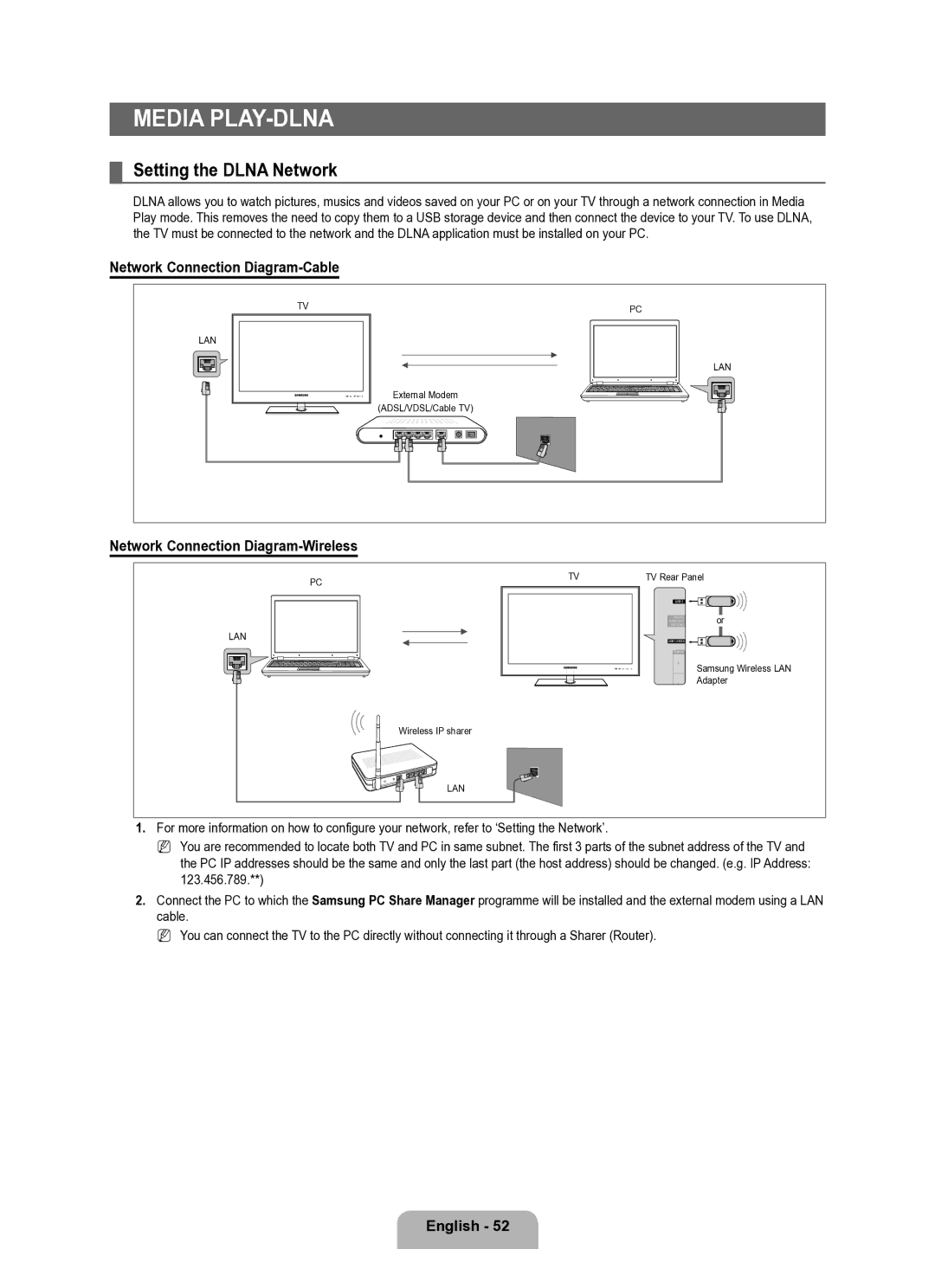 Samsung UE40B8000XWXUA Setting the Dlna Network, Network Connection Diagram-Cable, Network Connection Diagram-Wireless 