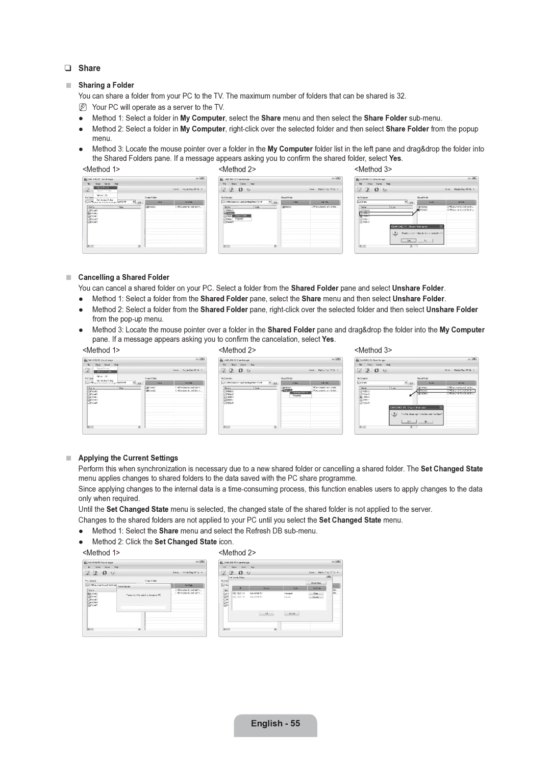 Samsung UE40B8000XWXUA manual Sharing a Folder, Method, Cancelling a Shared Folder, Applying the Current Settings 