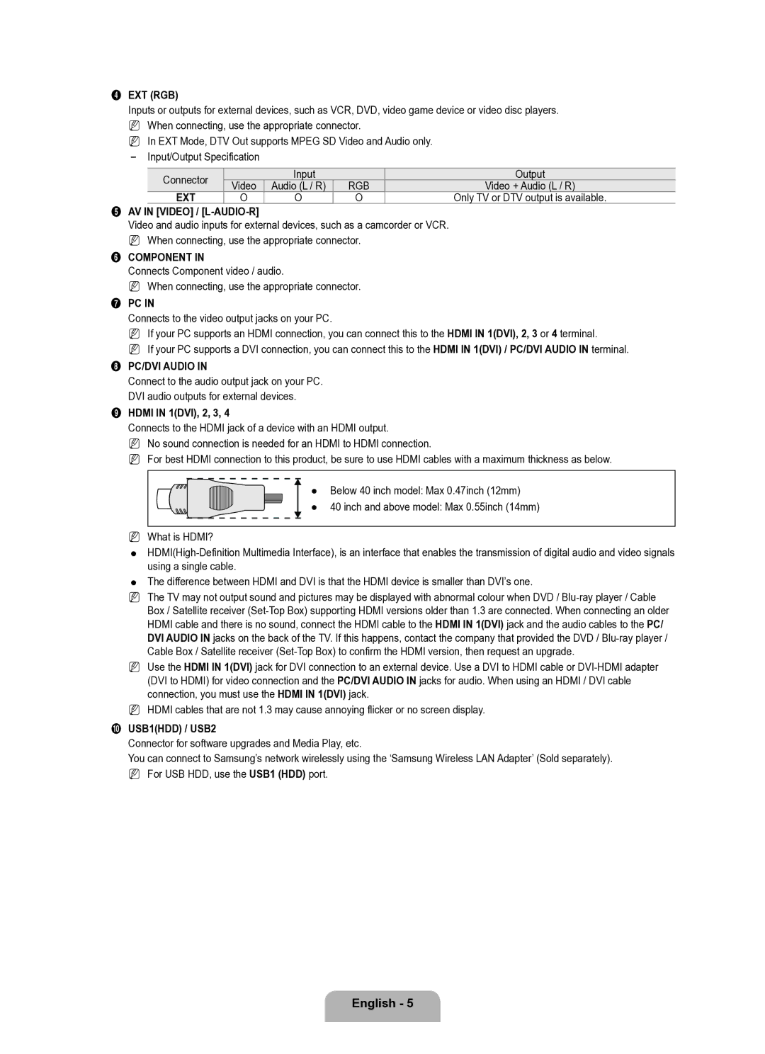 Samsung UE40B8000XWXUA manual Ext Rgb, AV in Video / L-AUDIO-R, Component, PC/DVI Audio 