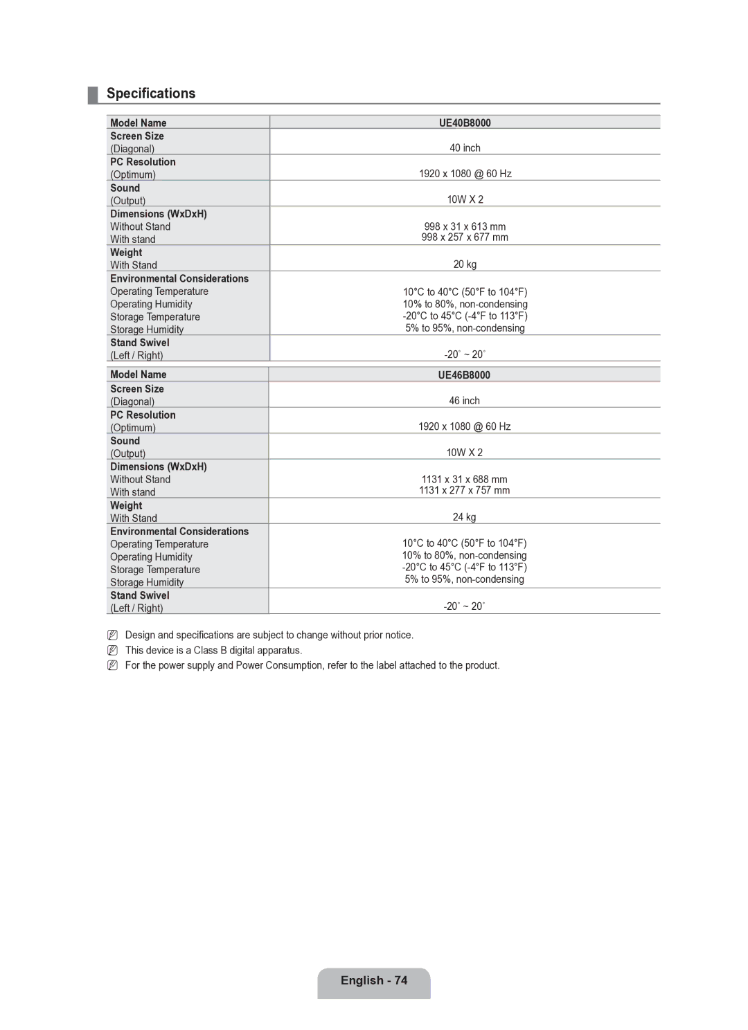 Samsung UE40B8000XWXUA manual Specifications 