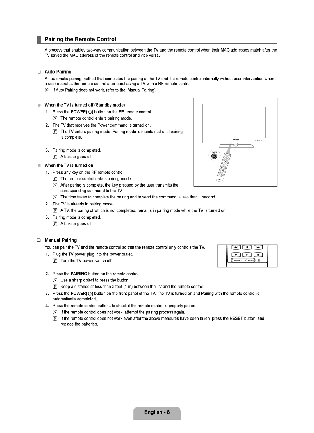 Samsung UE40B8090XWXZG Pairing the Remote Control, Auto Pairing, Manual Pairing, When the TV is turned off Standby mode 