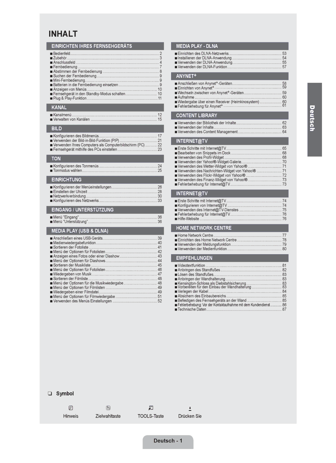 Samsung UE40B8090XPXZG, UE40B8090XWXZG manual Inhalt, Deutsch 