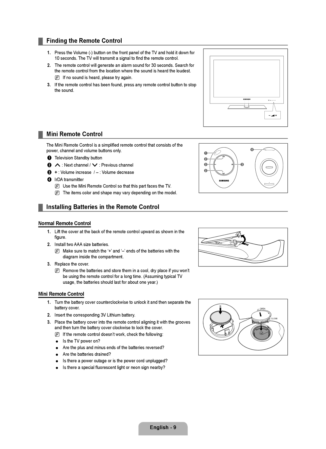 Samsung UE40B8090XPXZG manual Finding the Remote Control, Mini Remote Control, Installing Batteries in the Remote Control 