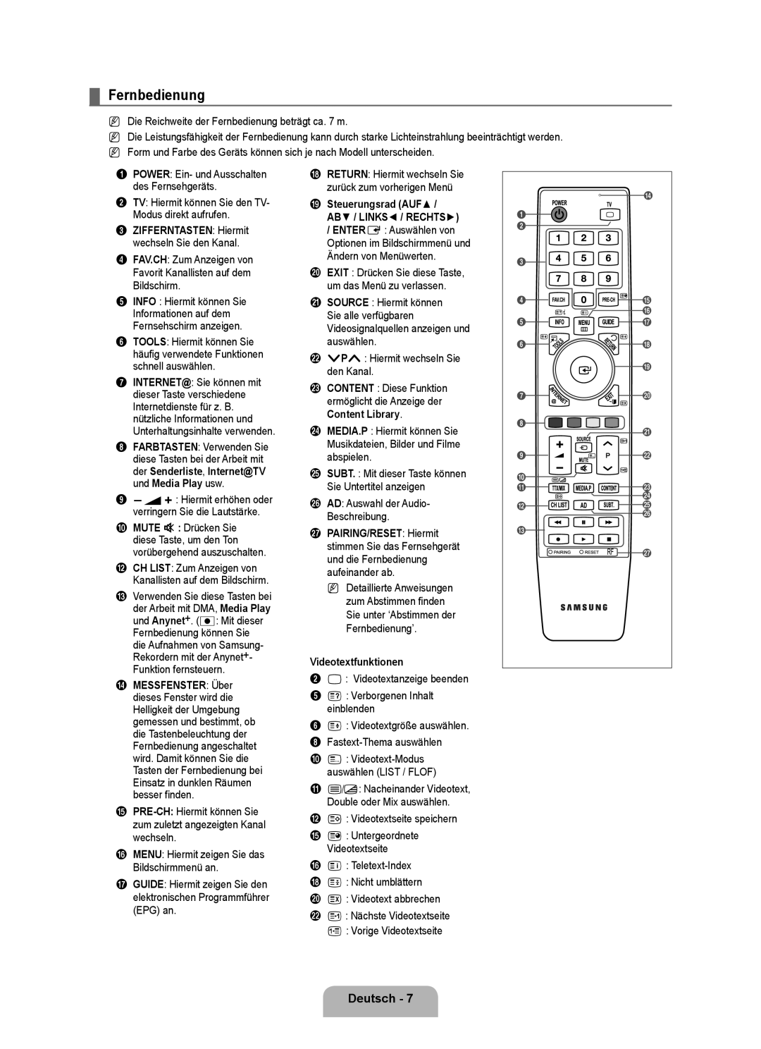 Samsung UE40B8090XPXZG, UE40B8090XWXZG manual Fernbedienung, Deutsch  