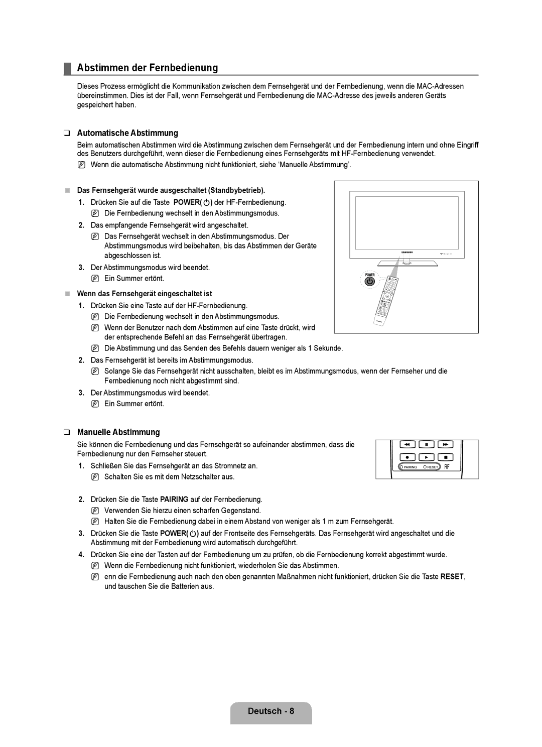 Samsung UE40B8090XWXZG, UE40B8090XPXZG manual Abstimmen der Fernbedienung, Automatische Abstimmung, Manuelle Abstimmung 