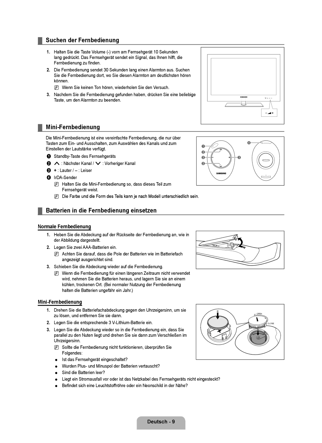 Samsung UE40B8090XPXZG manual Suchen der Fernbedienung, Mini-Fernbedienung, Batterien in die Fernbedienung einsetzen 