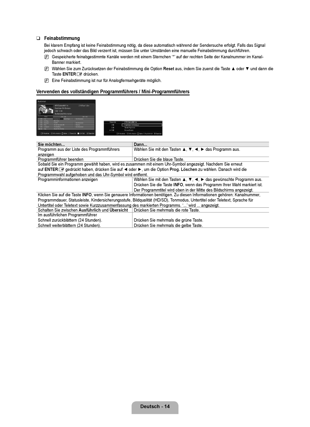 Samsung UE40B8090XWXZG, UE40B8090XPXZG manual Feinabstimmung, Sie möchten Dann Programm aus der Liste des Programmführers 