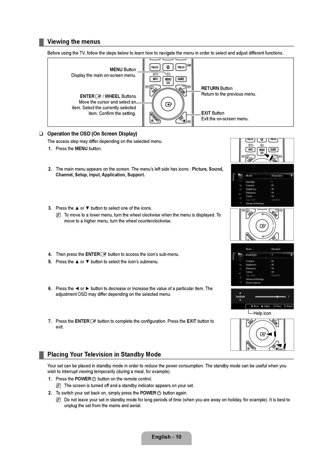 Samsung UE40B8090XWXZG Viewing the menus, Placing Your Television in Standby Mode, Operation the OSD On Screen Display 