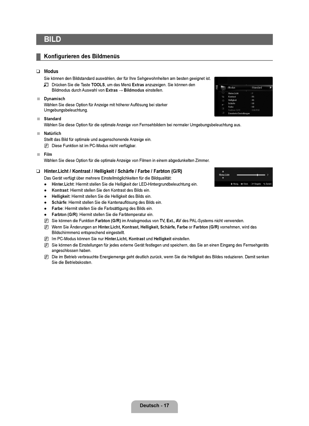 Samsung UE40B8090XPXZG, UE40B8090XWXZG manual Konfigurieren des Bildmenüs, Modus 