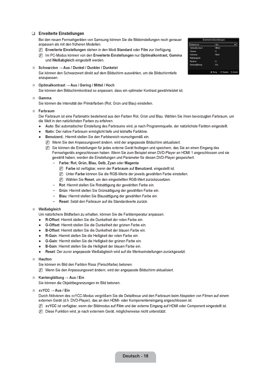 Samsung UE40B8090XWXZG, UE40B8090XPXZG manual Erweiterte Einstellungen 