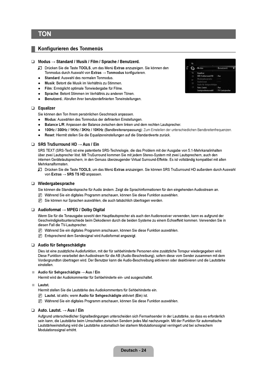 Samsung UE40B8090XWXZG, UE40B8090XPXZG manual Konfigurieren des Tonmenüs 