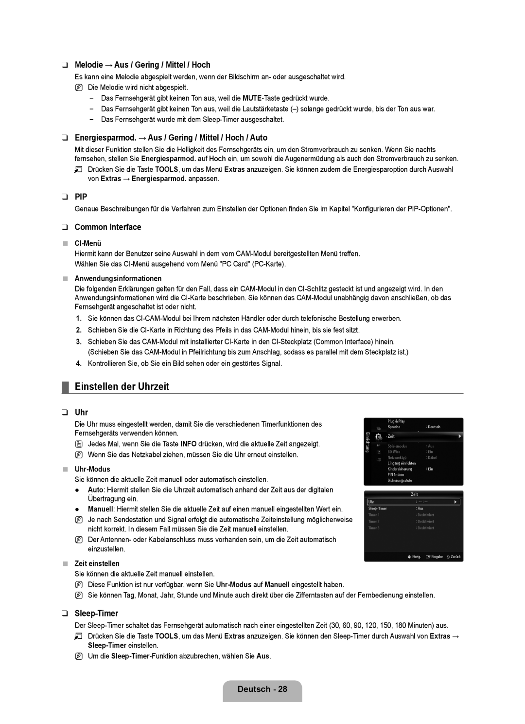 Samsung UE40B8090XWXZG, UE40B8090XPXZG manual Einstellen der Uhrzeit, Melodie → Aus / Gering / Mittel / Hoch, Sleep-Timer 