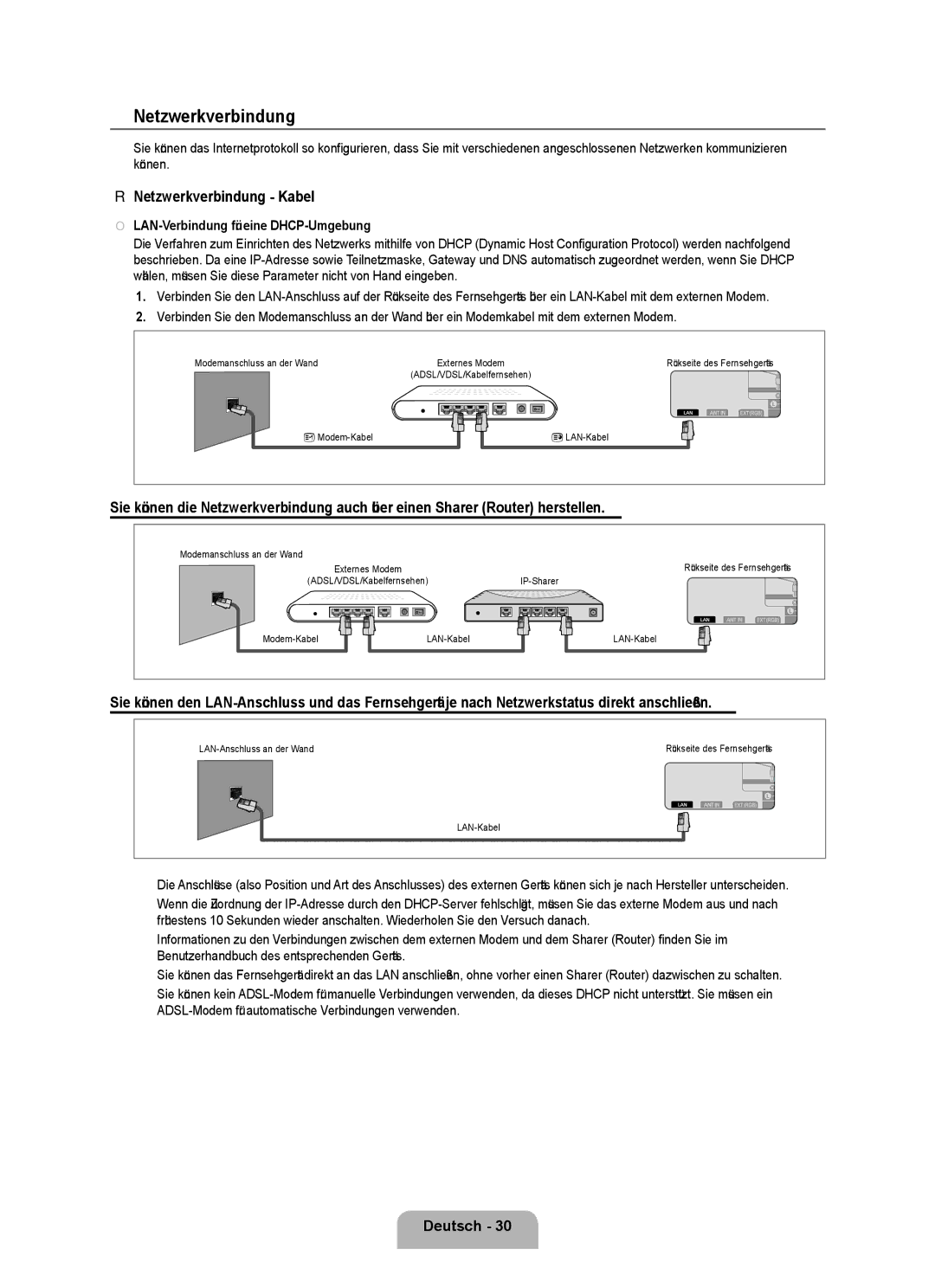 Samsung UE40B8090XWXZG, UE40B8090XPXZG manual Netzwerkverbindung Kabel, LAN-Verbindung für eine DHCP-Umgebung 