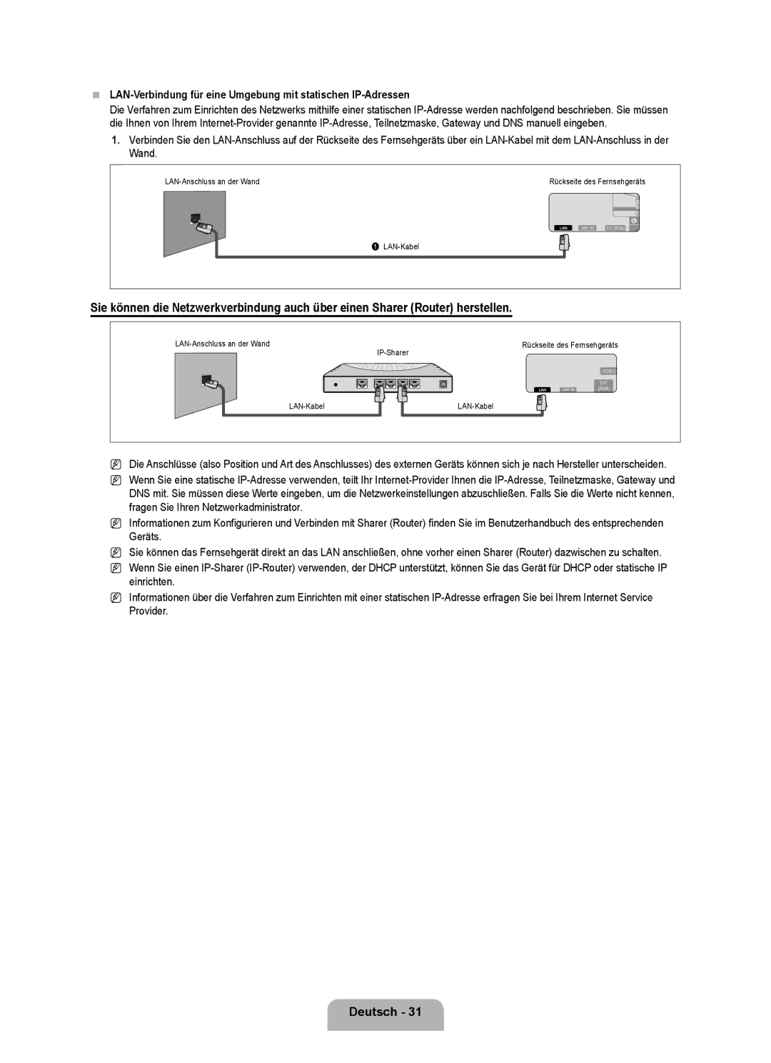 Samsung UE40B8090XPXZG, UE40B8090XWXZG manual LAN-Verbindung für eine Umgebung mit statischen IP-Adressen 