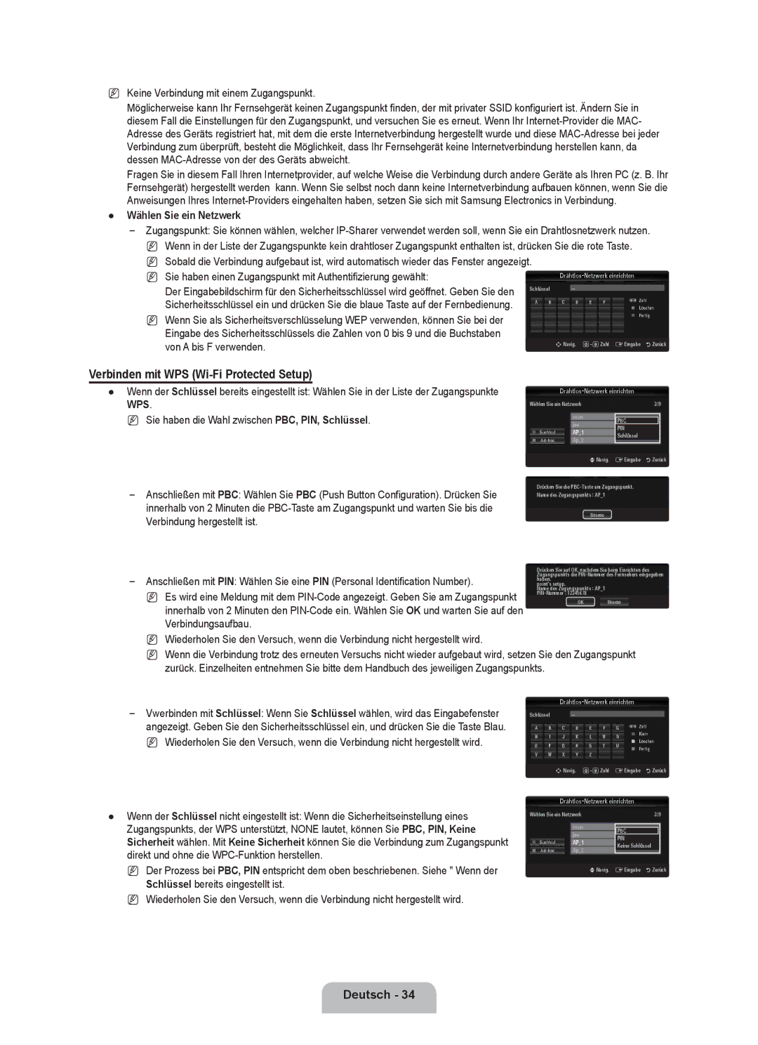 Samsung UE40B8090XWXZG, UE40B8090XPXZG Verbinden mit WPS Wi-Fi Protected Setup, Keine Verbindung mit einem Zugangspunkt 