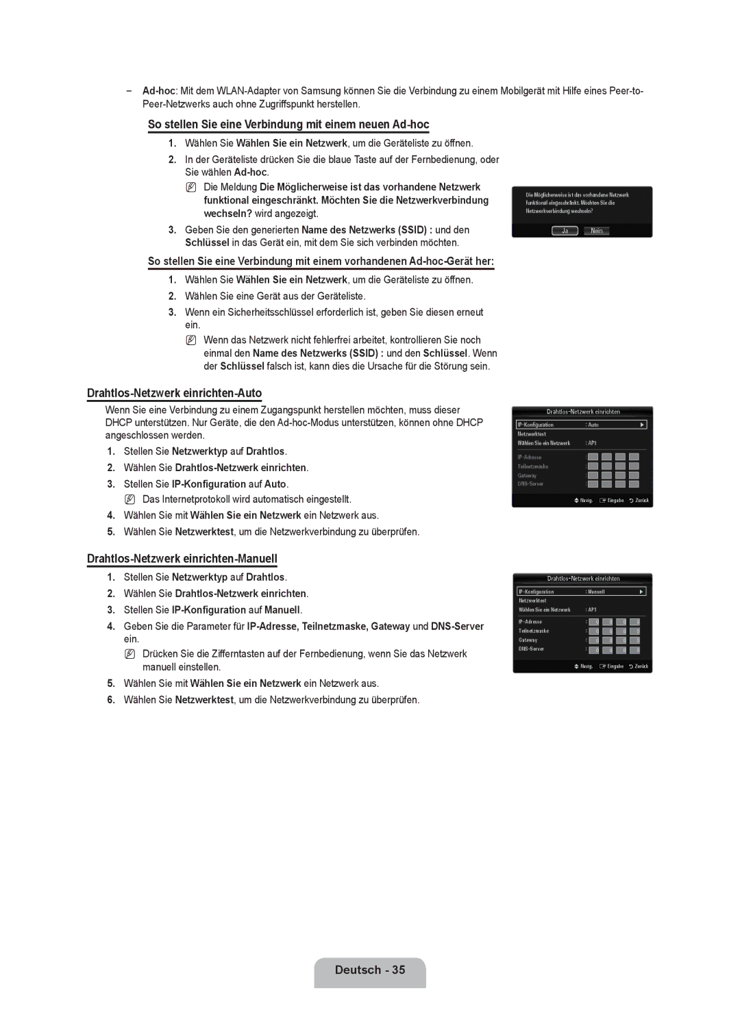 Samsung UE40B8090XPXZG So stellen Sie eine Verbindung mit einem neuen Ad-hoc, Drahtlos-Netzwerk einrichten-Auto, Ja Nein 