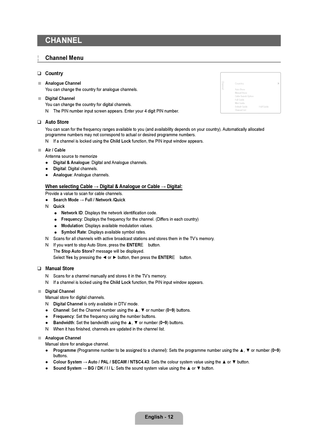 Samsung UE40B8090XWXZG, UE40B8090XPXZG manual Channel Menu, Country, Auto Store, Manual Store 