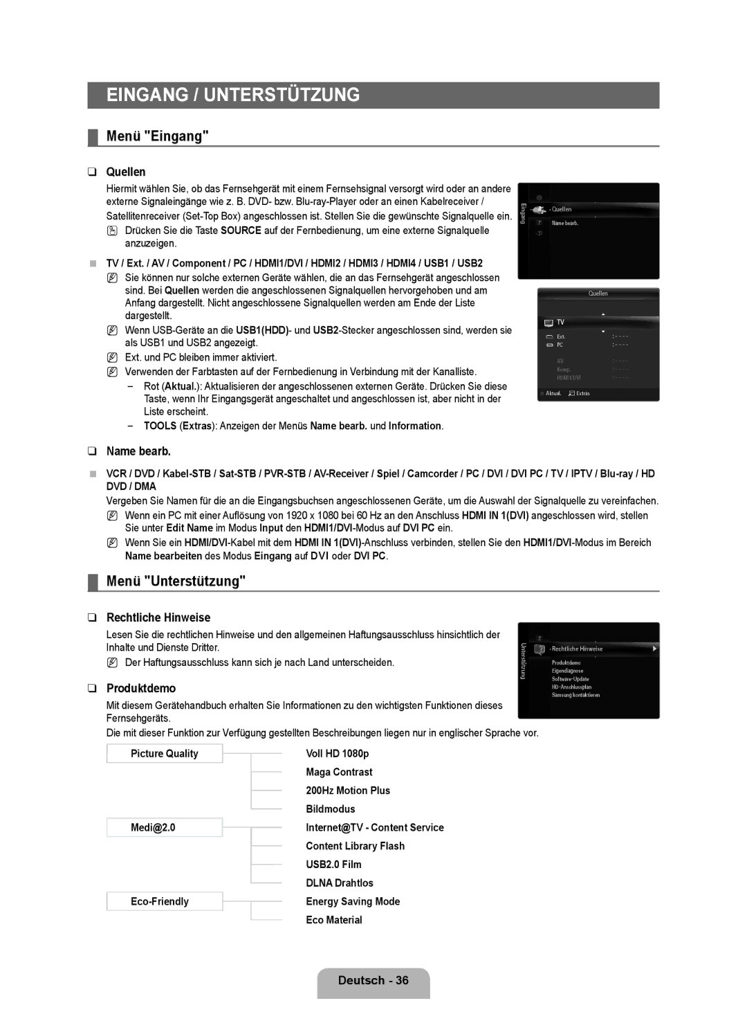 Samsung UE40B8090XWXZG, UE40B8090XPXZG manual Menü Eingang, Menü Unterstützung 