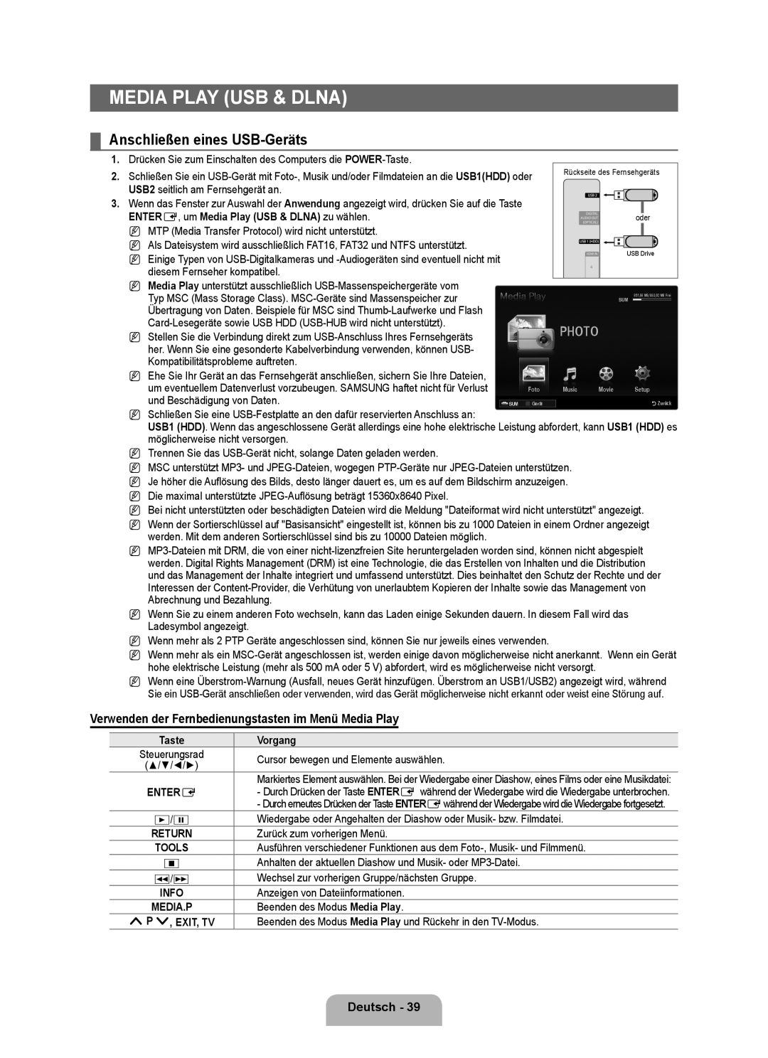 Samsung UE40B8090XPXZG, UE40B8090XWXZG Anschließen eines USB-Geräts, Verwenden der Fernbedienungstasten im Menü Media Play 