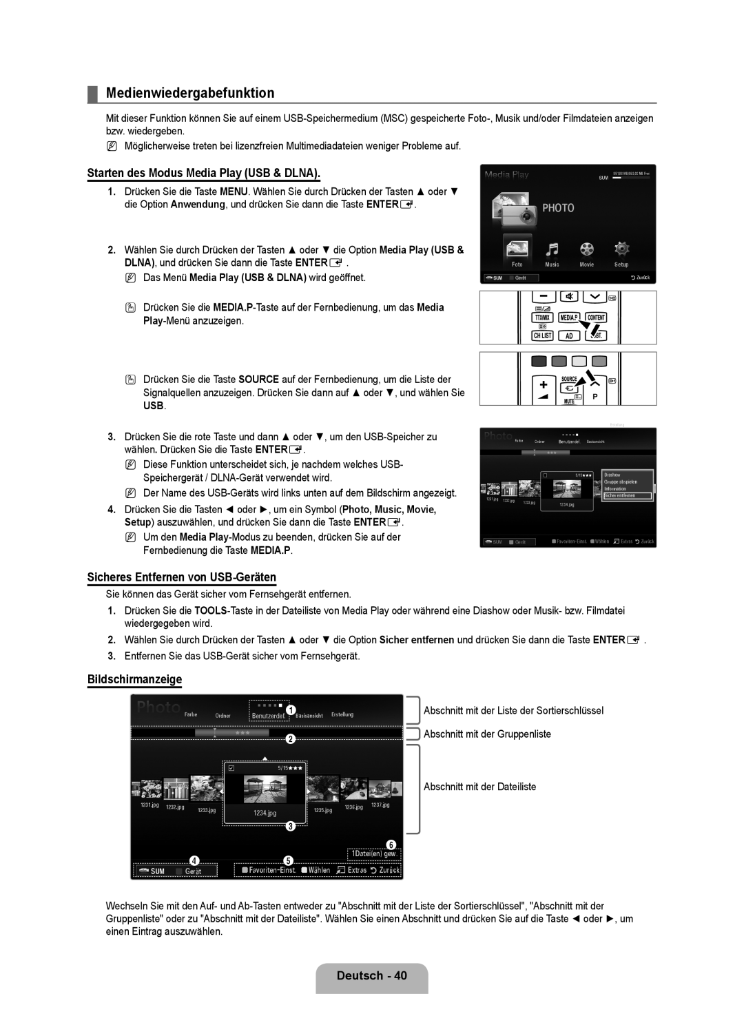 Samsung UE40B8090XWXZG manual Medienwiedergabefunktion, Starten des Modus Media Play USB & Dlna, Bildschirmanzeige 