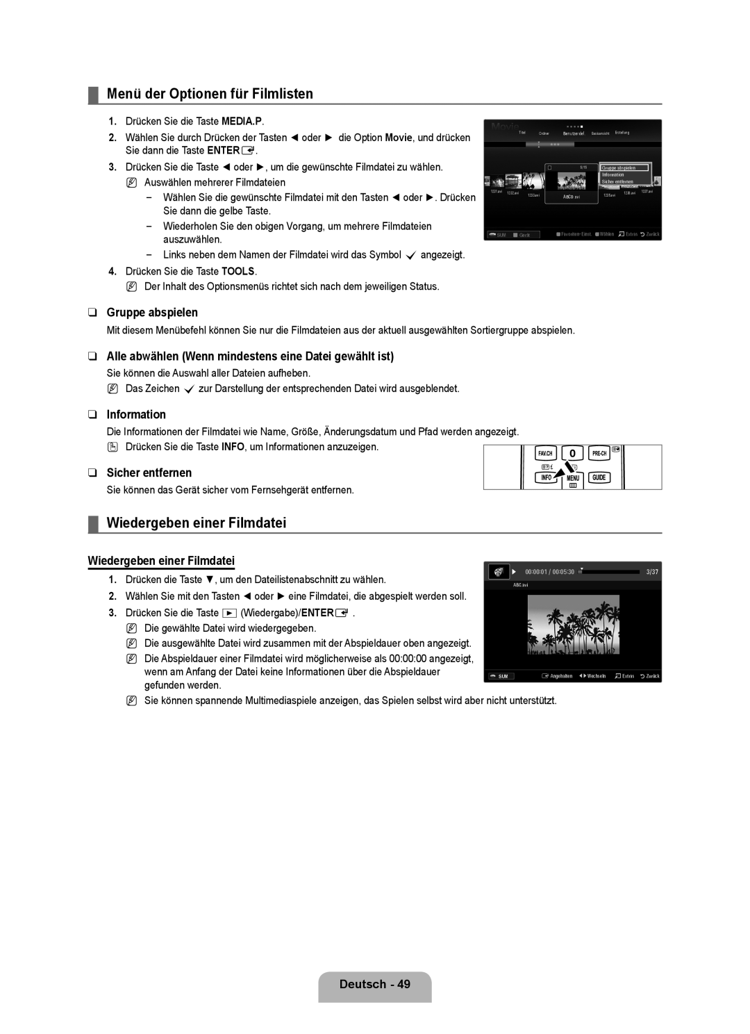 Samsung UE40B8090XPXZG, UE40B8090XWXZG manual Menü der Optionen für Filmlisten, Wiedergeben einer Filmdatei 