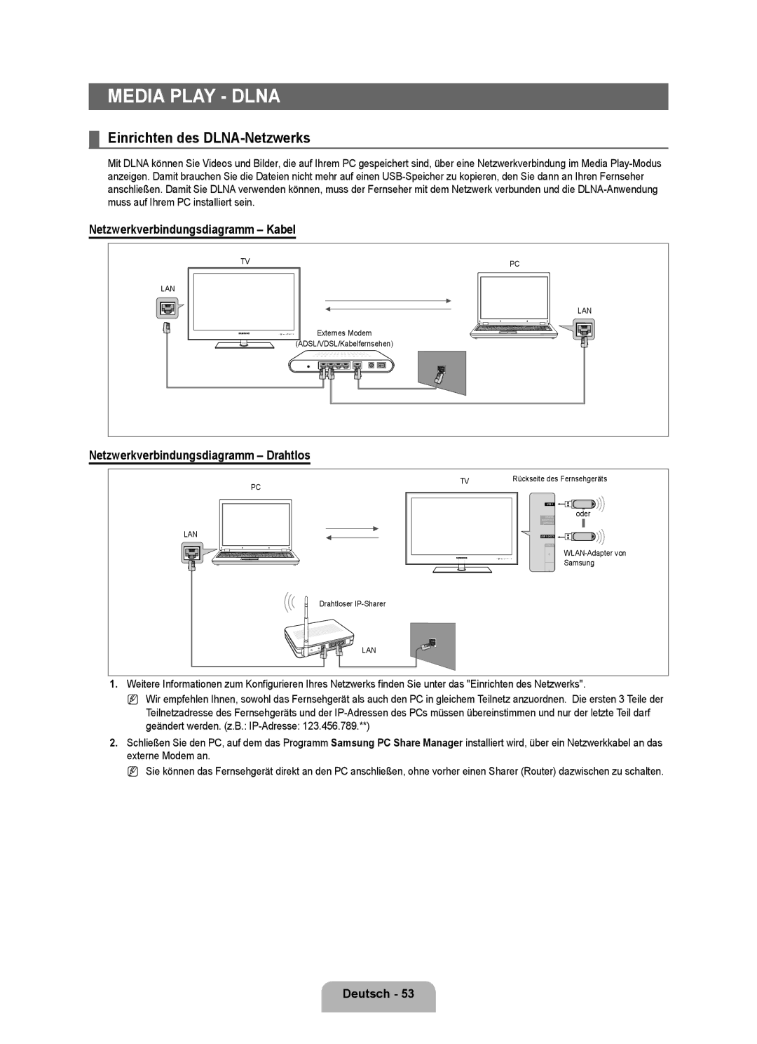 Samsung UE40B8090XPXZG, UE40B8090XWXZG manual Einrichten des DLNA-Netzwerks, Netzwerkverbindungsdiagramm Kabel 