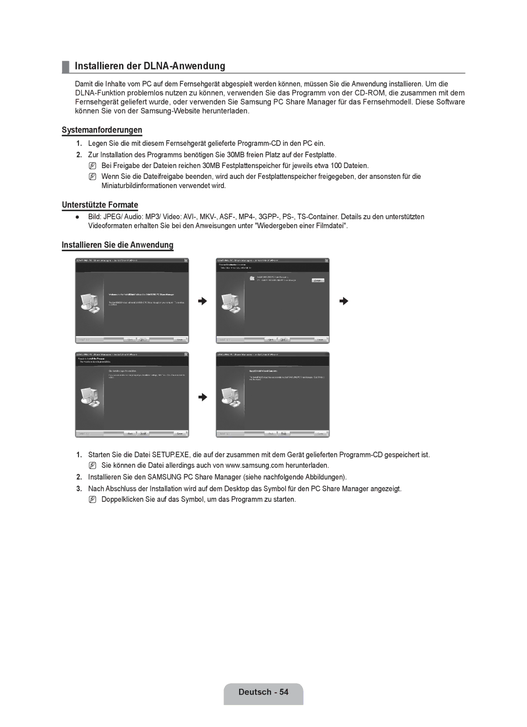 Samsung UE40B8090XWXZG, UE40B8090XPXZG manual Installieren der DLNA-Anwendung, Systemanforderungen, Unterstützte Formate 