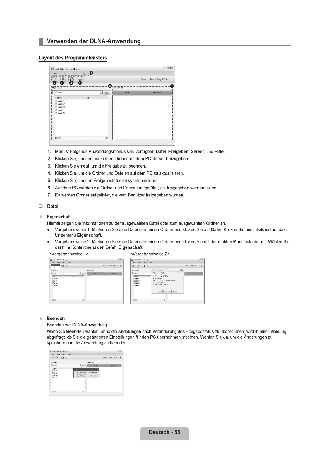 Samsung UE40B8090XPXZG manual Verwenden der DLNA-Anwendung, Layout des Programmfensters, Datei, Eigenschaft, Beenden 