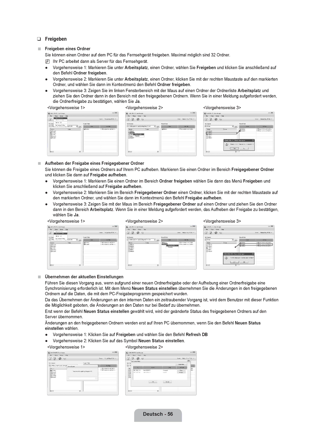 Samsung UE40B8090XWXZG, UE40B8090XPXZG manual Freigeben eines Ordner, Aufheben der Freigabe eines Freigegebener Ordner 