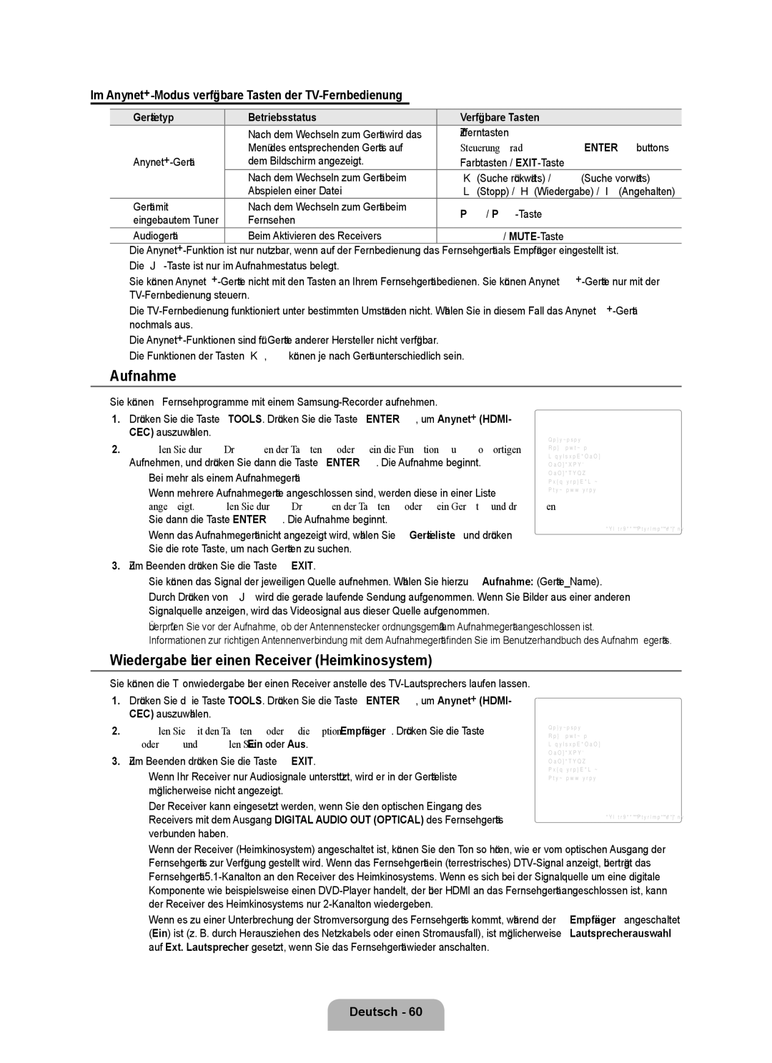 Samsung UE40B8090XWXZG Aufnahme, Wiedergabe über einen Receiver Heimkinosystem, Gerätetyp Betriebsstatus Verfügbare Tasten 