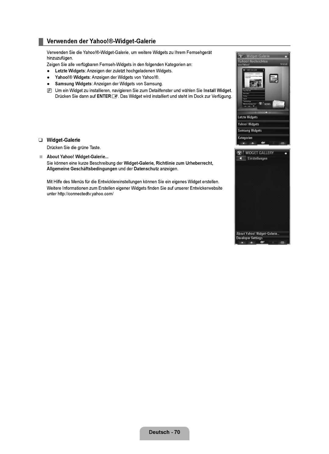 Samsung UE40B8090XWXZG, UE40B8090XPXZG manual Verwenden der Yahoo!-Widget-Galerie, About Yahoo! Widget-Galerie 