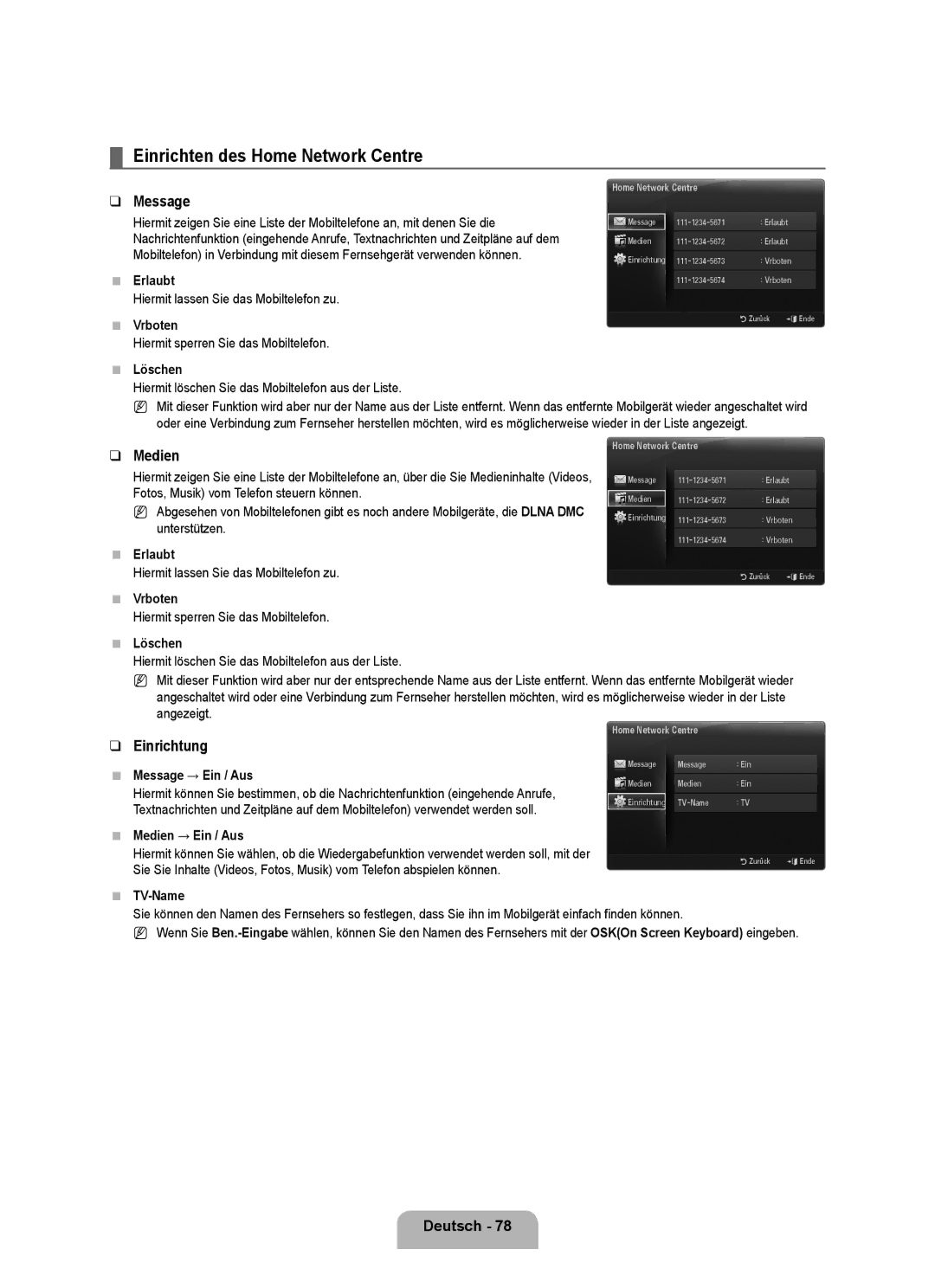 Samsung UE40B8090XWXZG, UE40B8090XPXZG manual Einrichten des Home Network Centre, Medien 