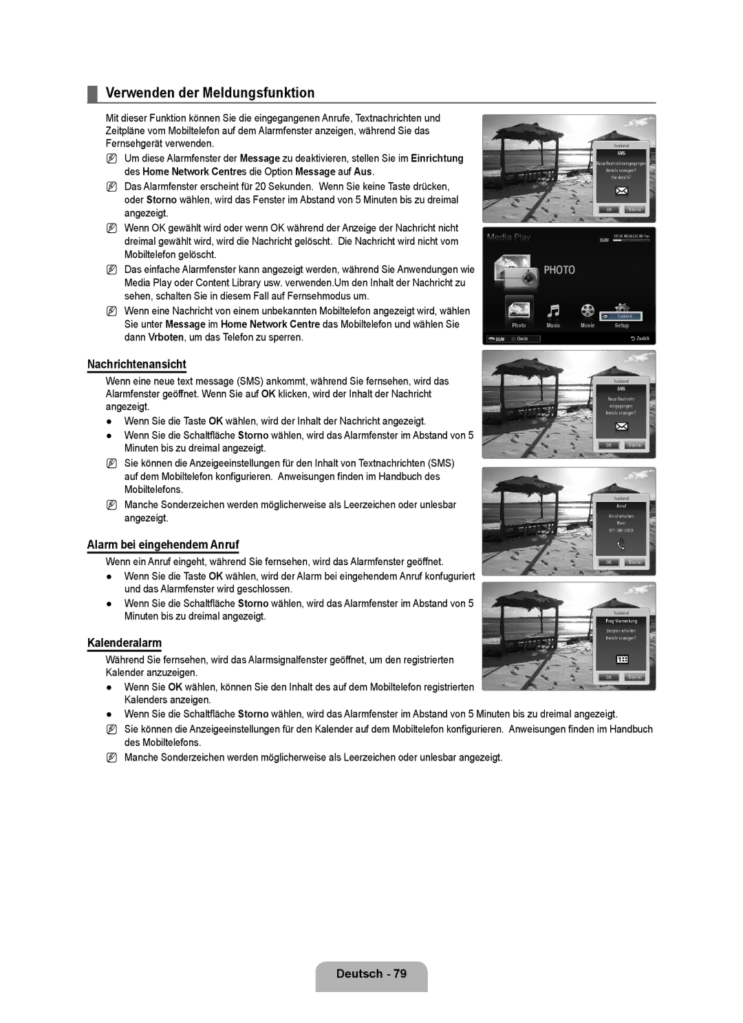 Samsung UE40B8090XPXZG Verwenden der Meldungsfunktion, Nachrichtenansicht, Alarm bei eingehendem Anruf, Kalenderalarm 